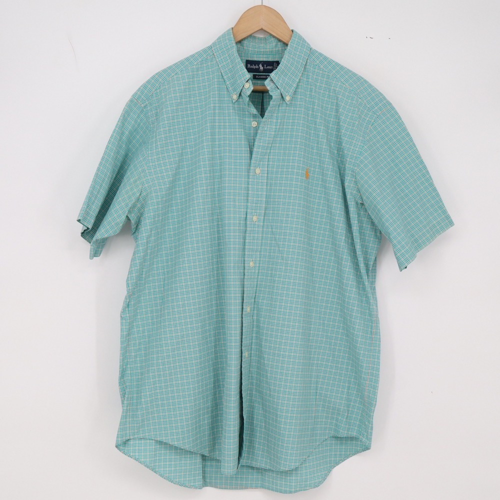 Ralph Lauren Shirt Mens L Classic Fit Green Plaid Short Sleeve Button Down